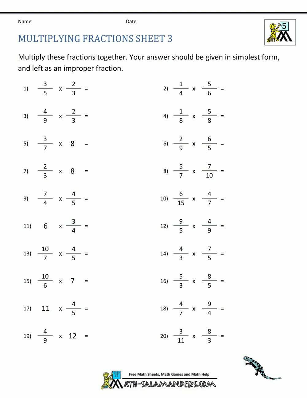 multiplication of fractions worksheets