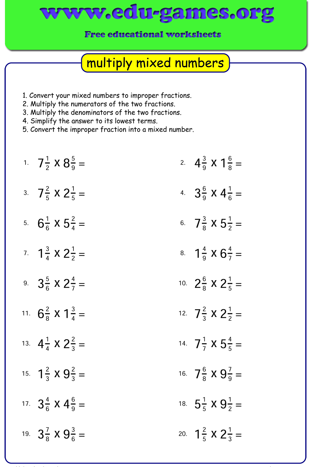 Multiplying Mixed Numbers Worksheets Free Printable PDFs Edu Games Multiplying Mixed Numbers Worksheets Free Printable PDFs Edu Games