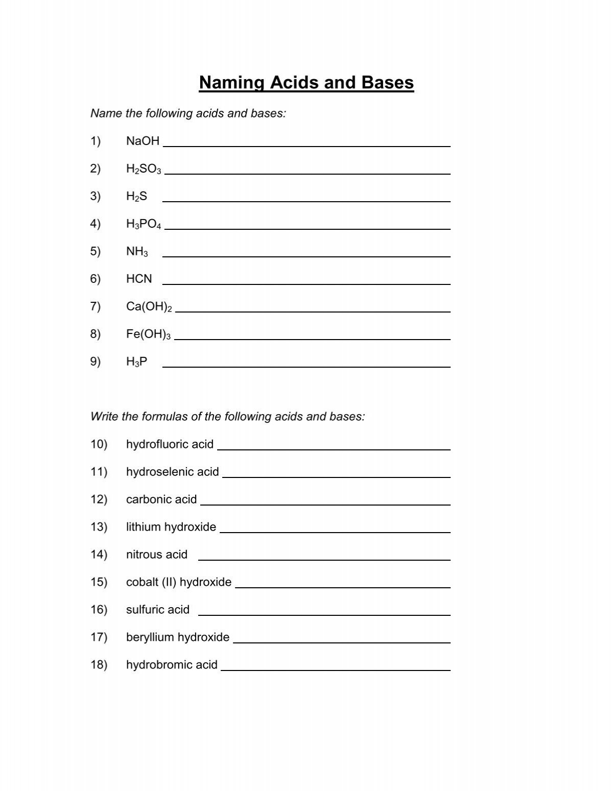 Naming Acids And Bases Worksheet Naming Acids And Bases Worksheet