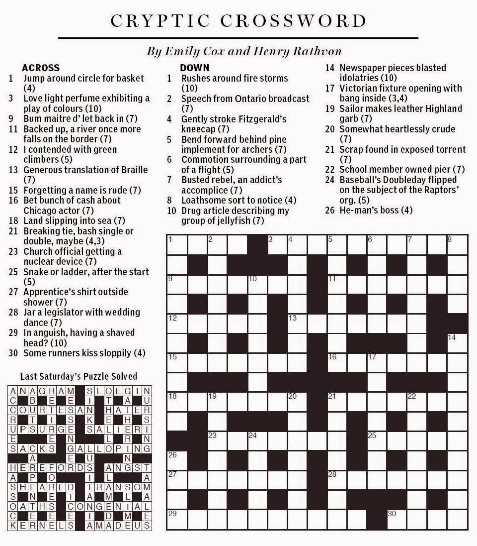 National Post Cryptic Crossword Forum Saturday November 29 2014 Colourfully Tonsured National Post Cryptic Crossword Forum Saturday November 29 2014 Colourfully Tonsured