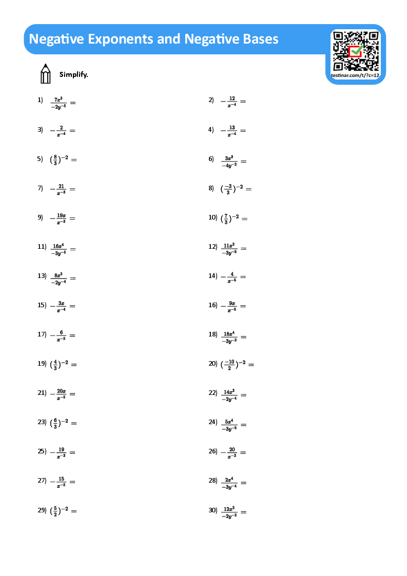 Negative Exponents And Negative Bases Worksheets