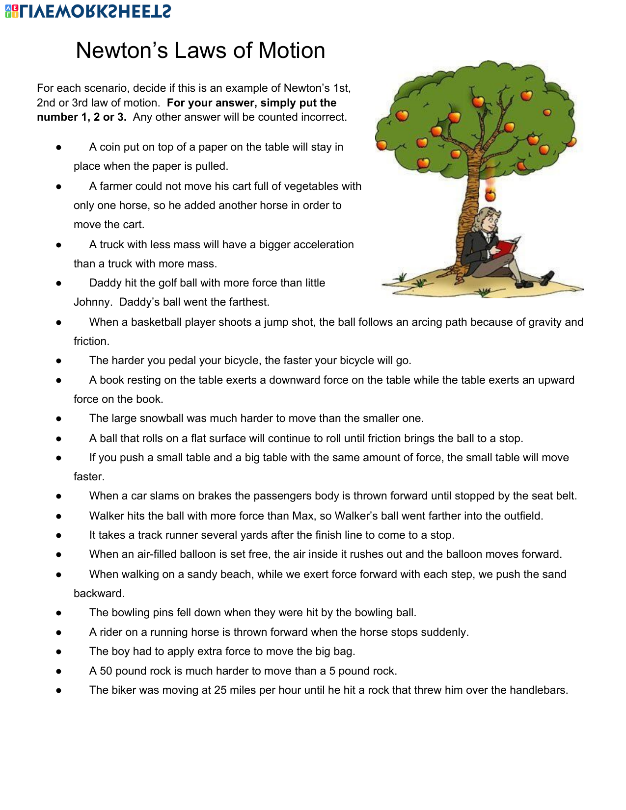 Newton s Laws Of Motion Worksheet