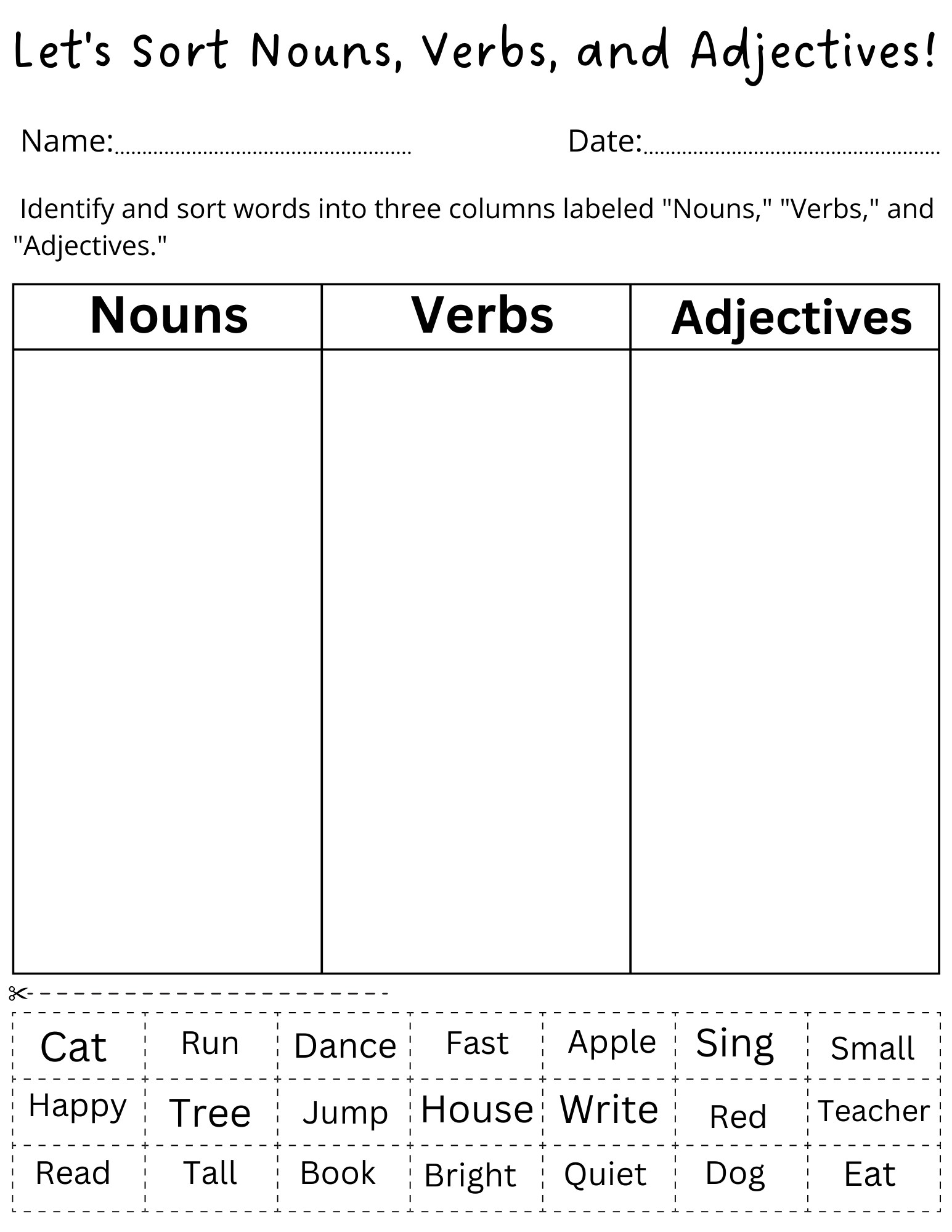 Noun Verb Adjective Sorting Worksheet Grade 1 Made By Teachers