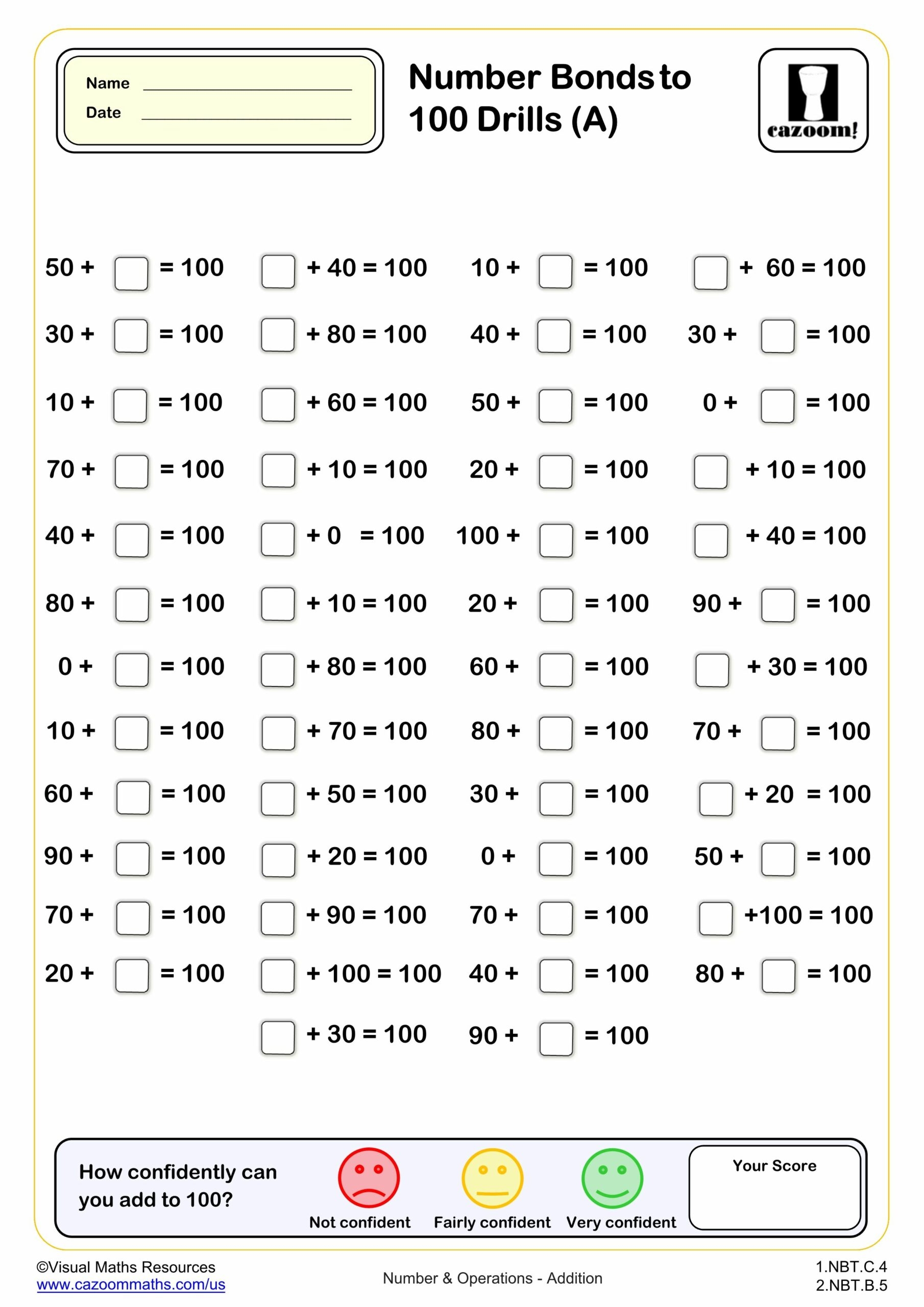 Number Bond To 100 Drills B 50 Questions PDF Printable Addition Worksheets Cazoom Math