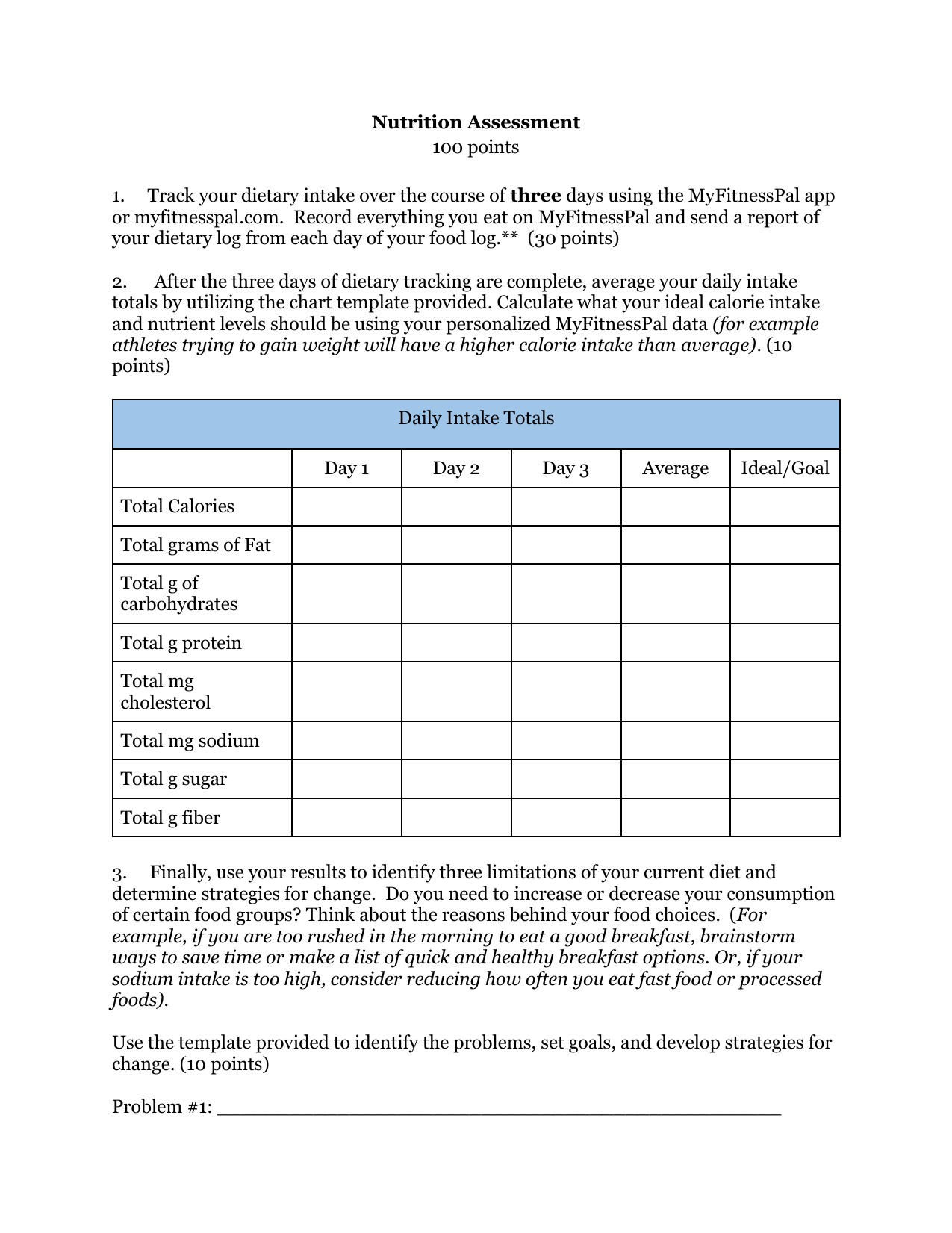 Nutrition Assessment Worksheet