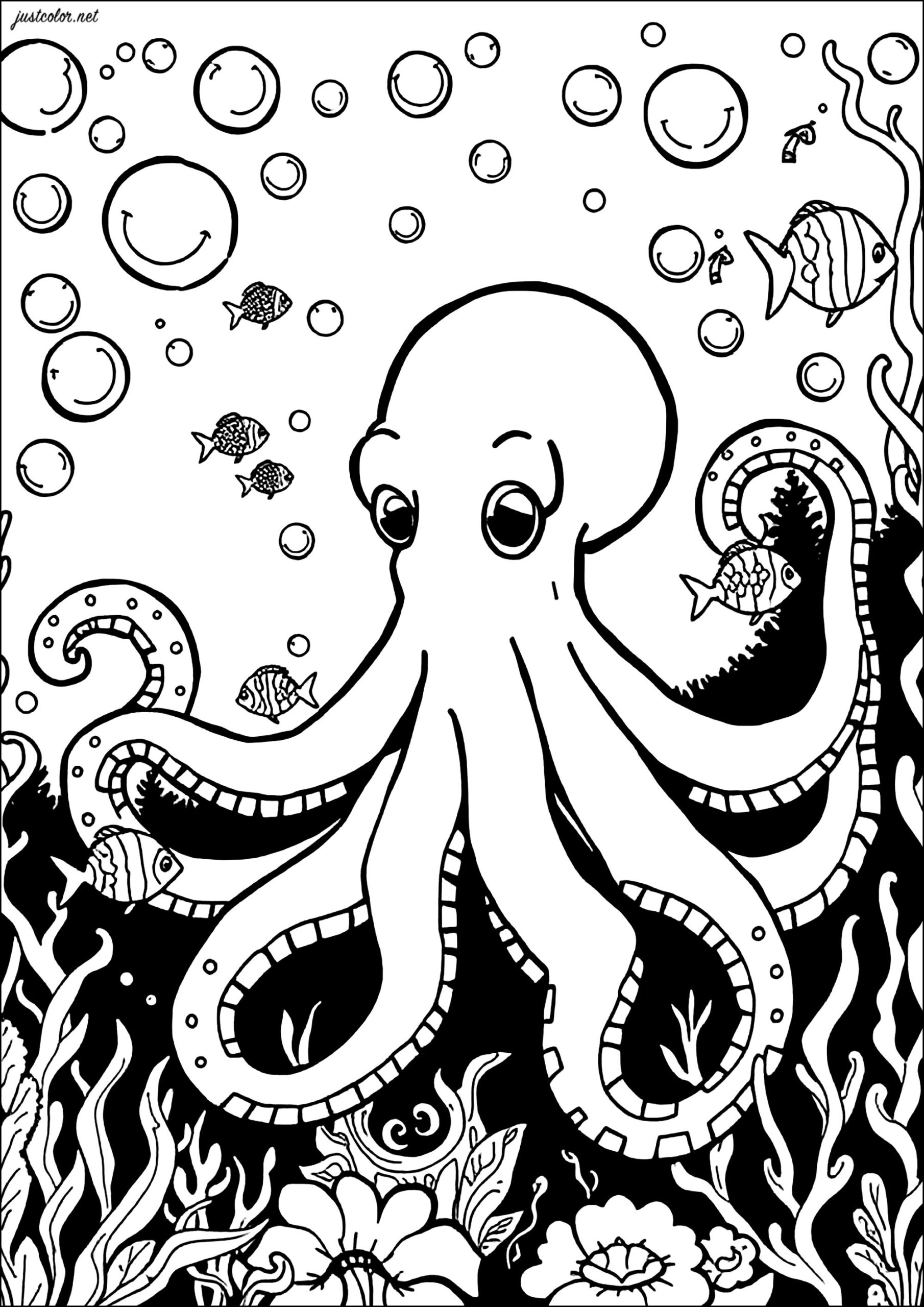 Octopus Surrounded By Small Fish Octopuses Coloring Pages