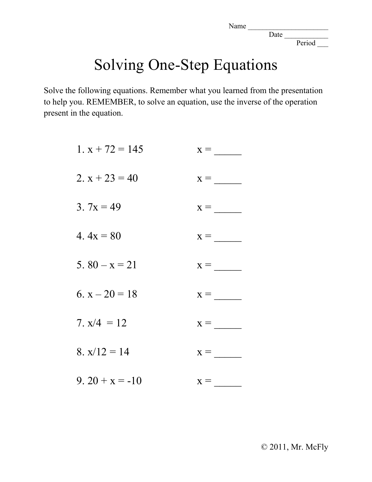 One Step Equations Worksheet