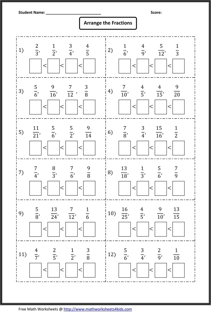 Ordering Fractions Worksheets