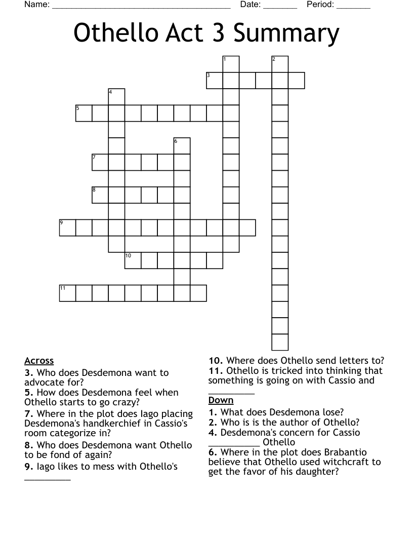 Othello Act 3 Summary Crossword WordMint