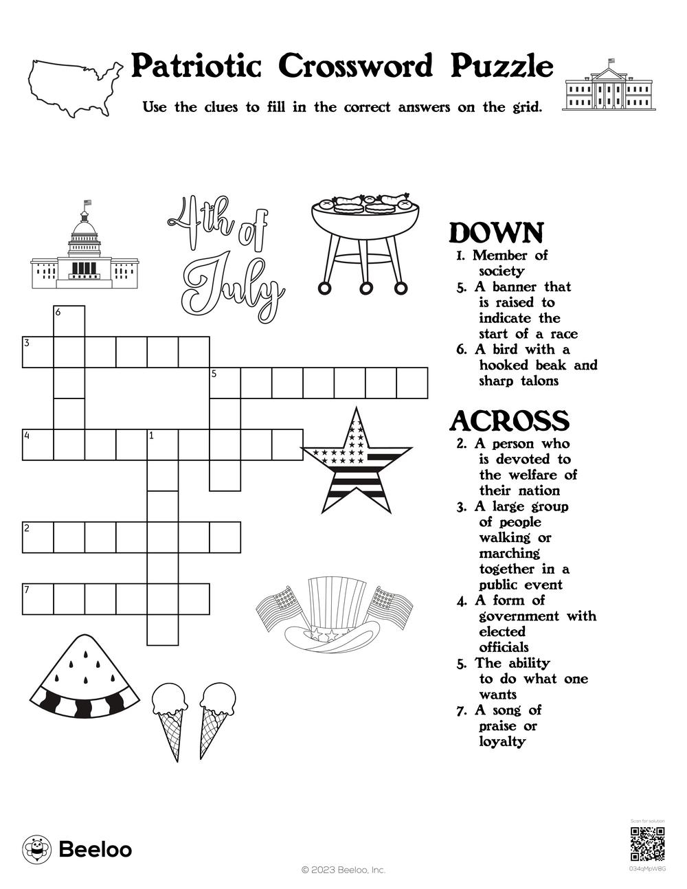 Patriotic Crossword Puzzle Beeloo Printable Crafts And Activities For Kids