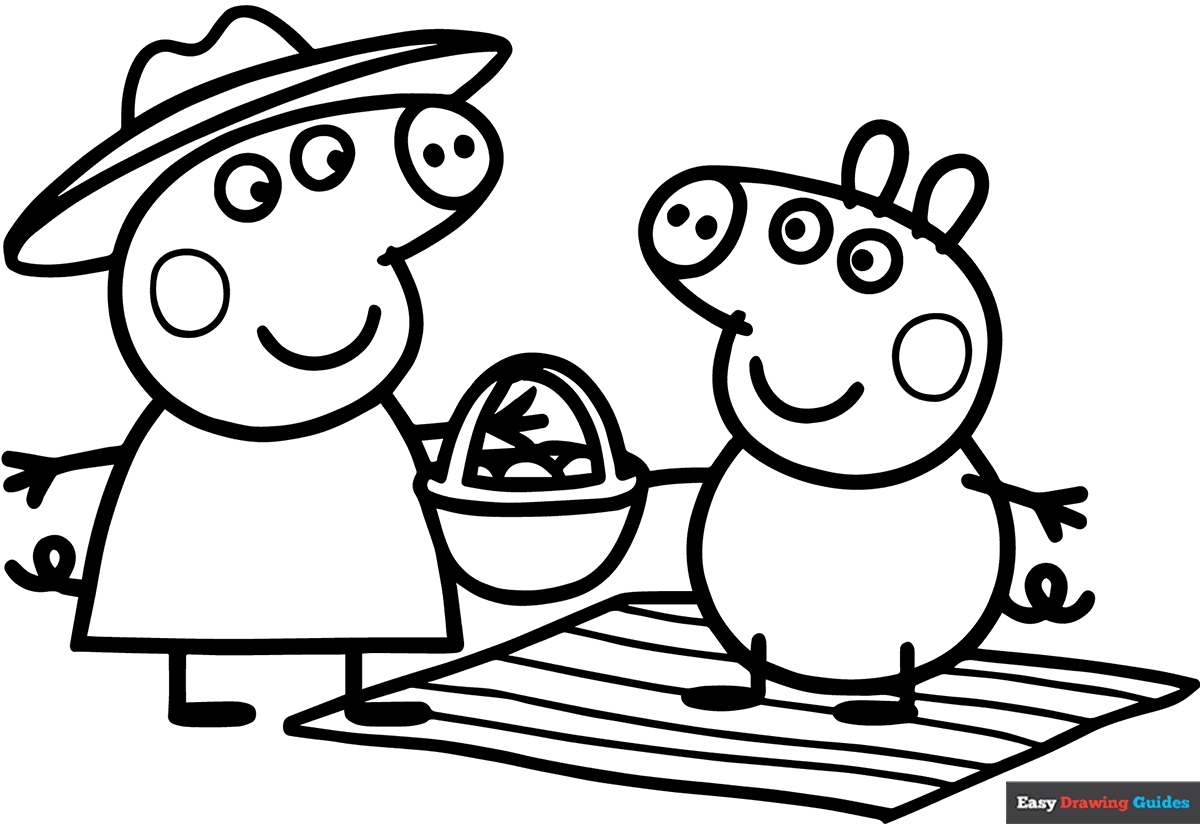 Peppa Pig And George At Picnic Coloring Page Easy Drawing Guides