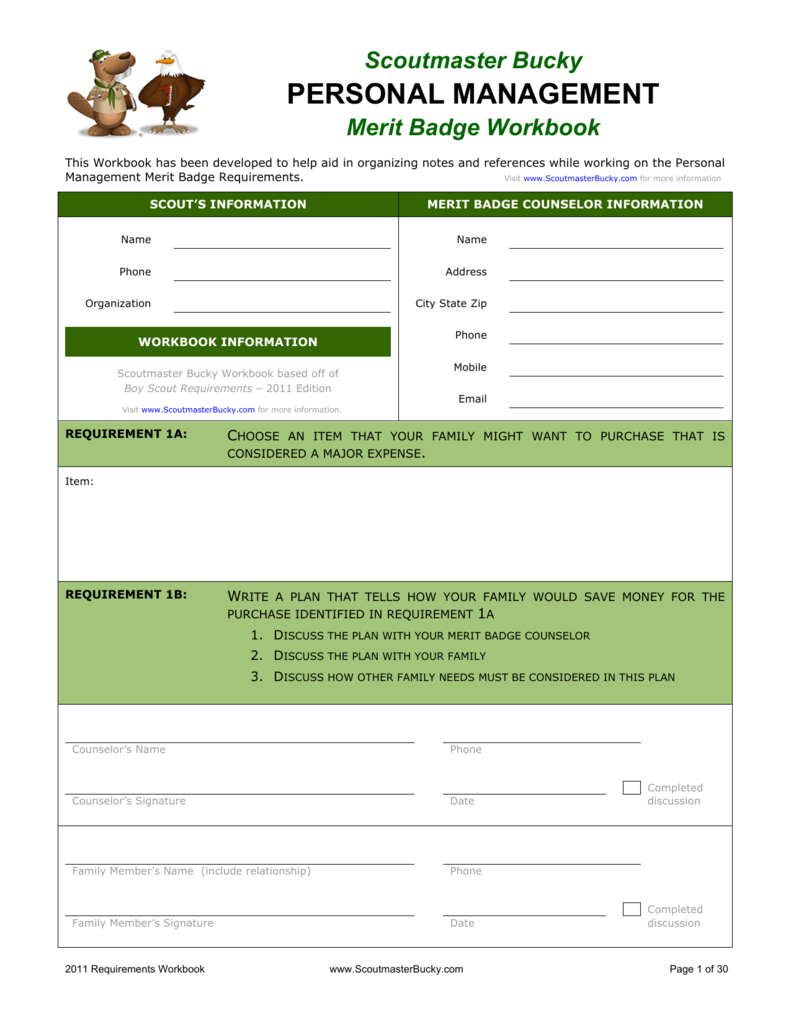 Personal Management Merit Badge Workbook Scoutmaster Bucky