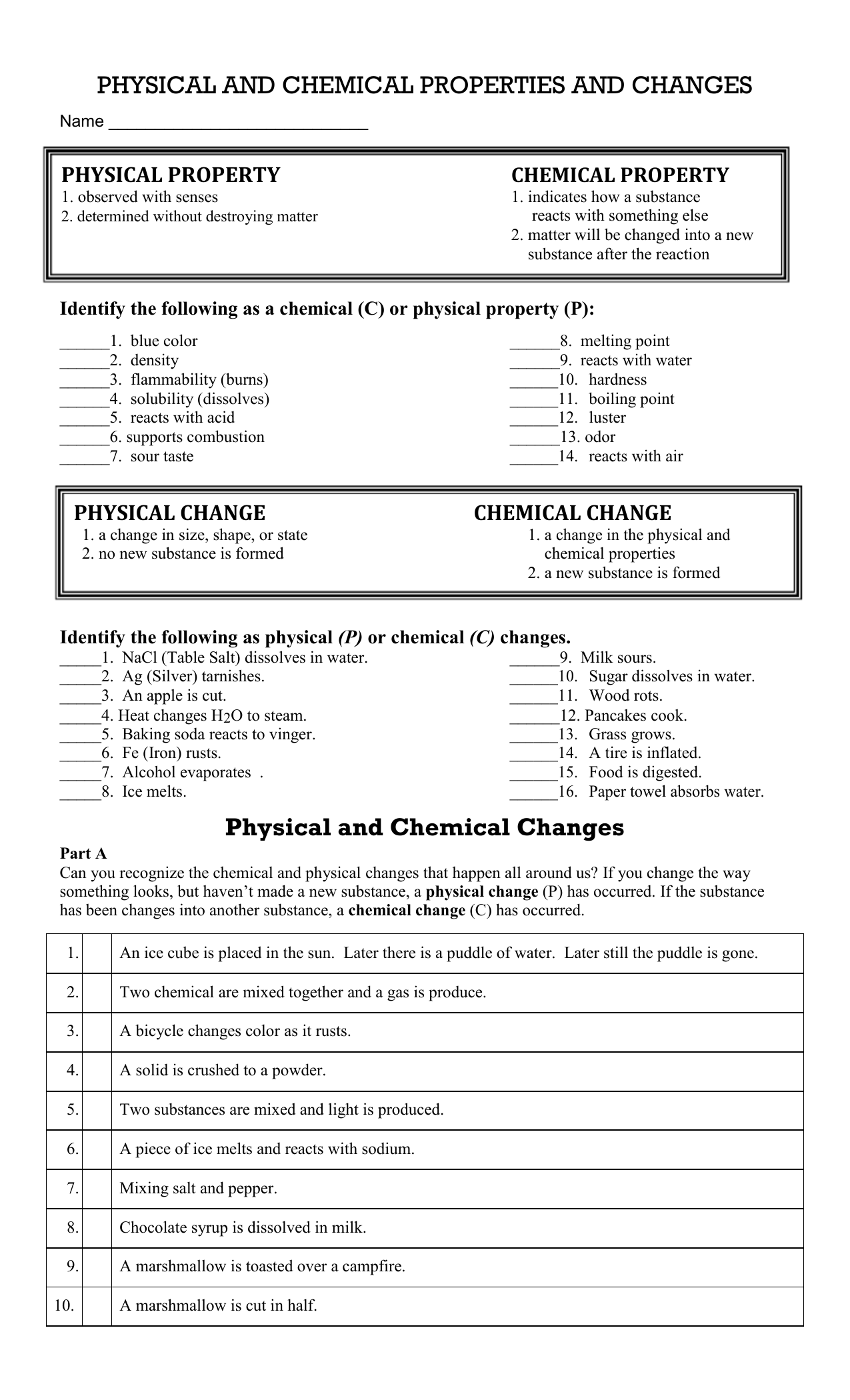 Physical Chemical Properties Worksheet