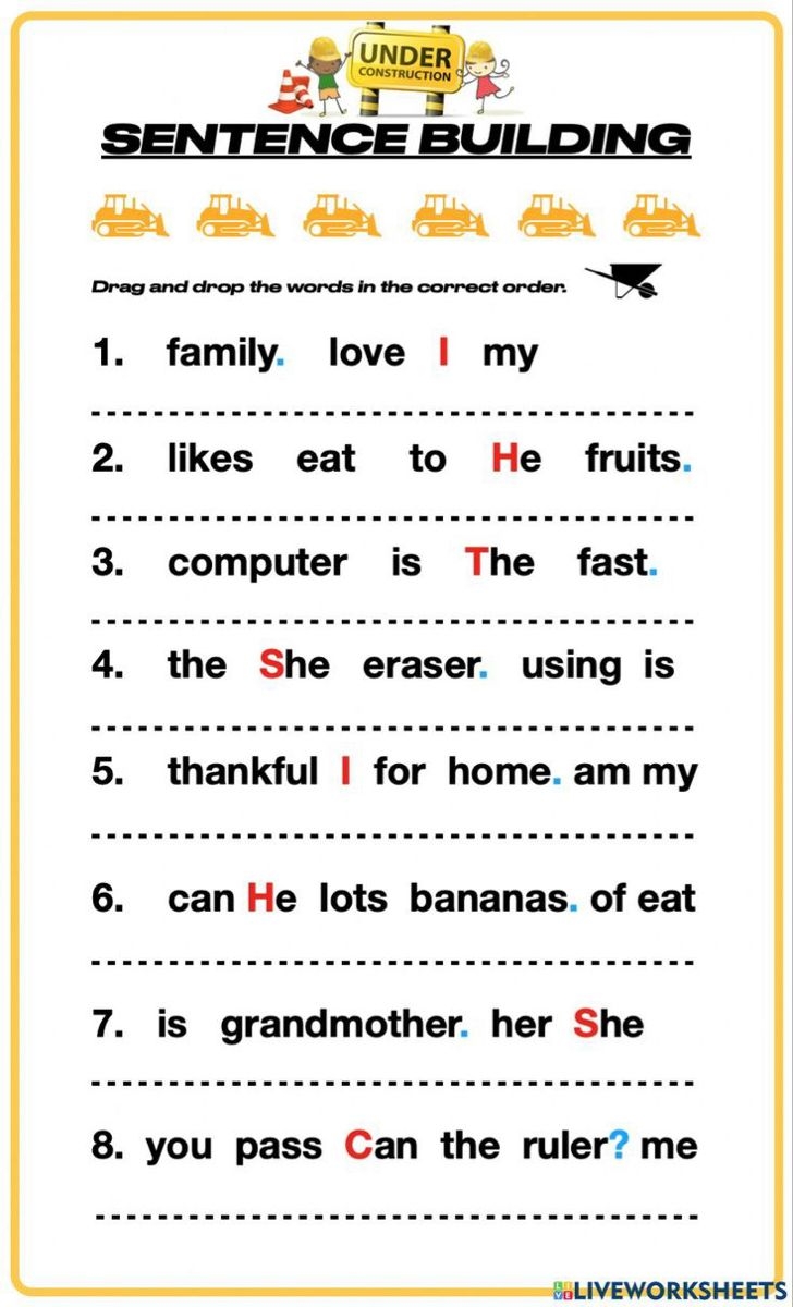 Pin By Ayesha Usman On Summer Academy Sentence Building Worksheets Sentence Building English Worksheets For Kids