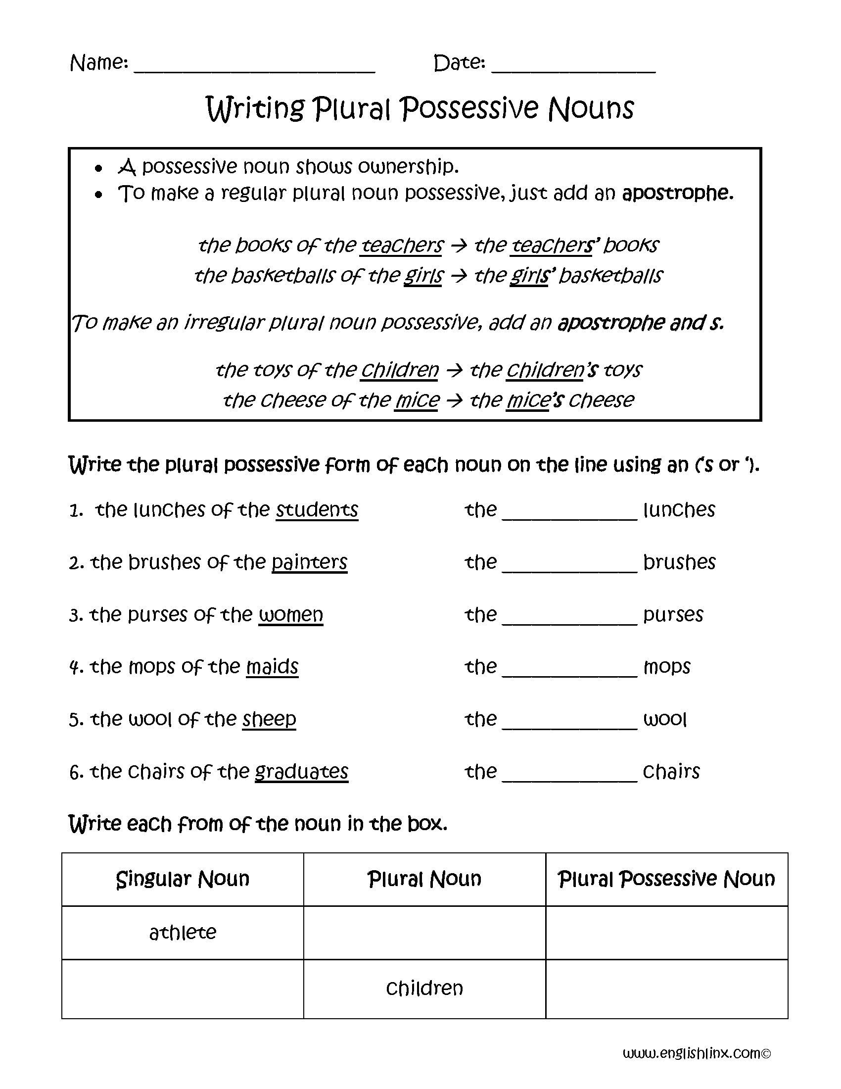 Possessive Nouns Worksheets Writing Plural Possessive Nouns Worksheets