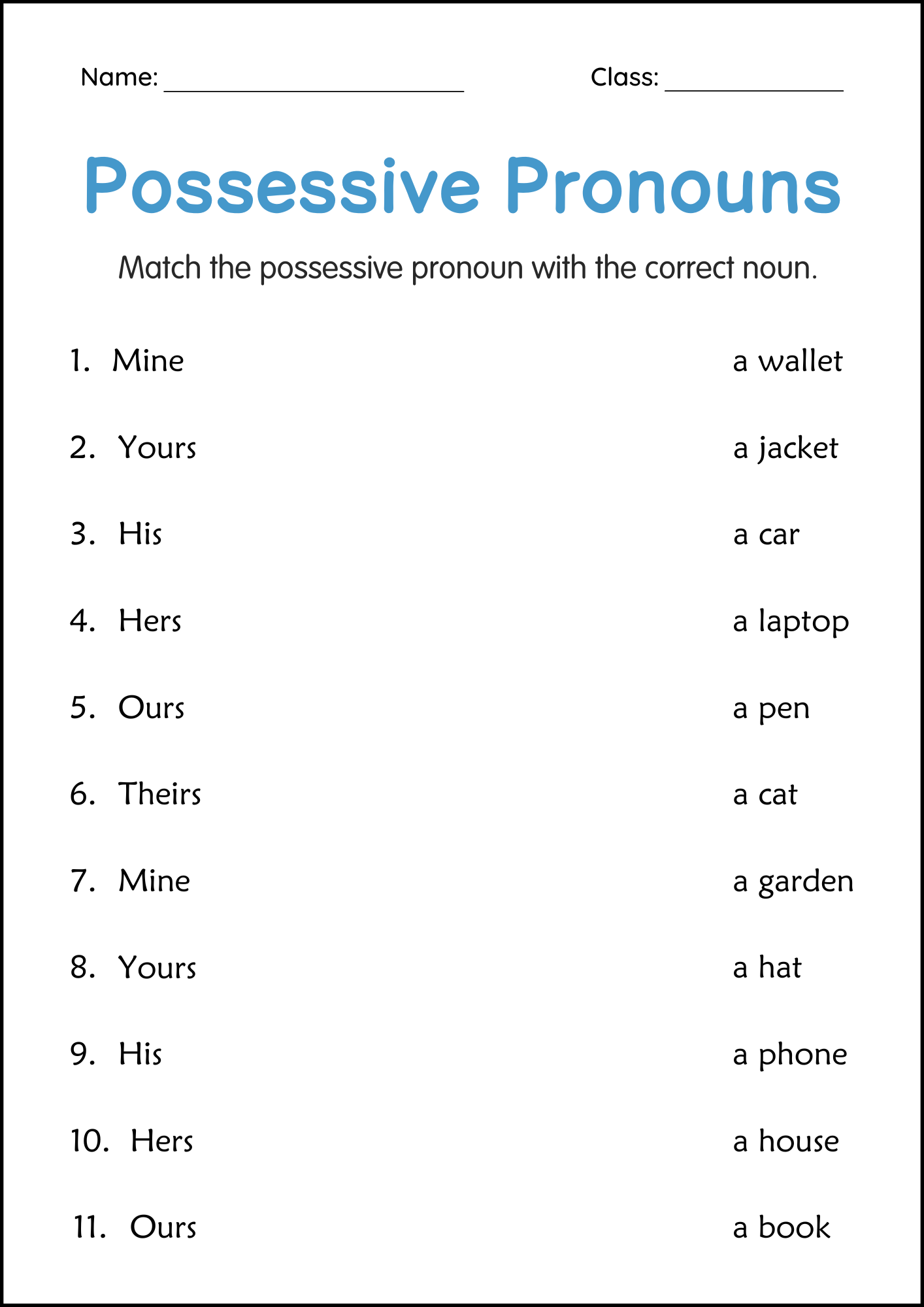 Possessive Pronouns Grammar Activity Worksheets For Grade 2 3 4 Made By Teachers