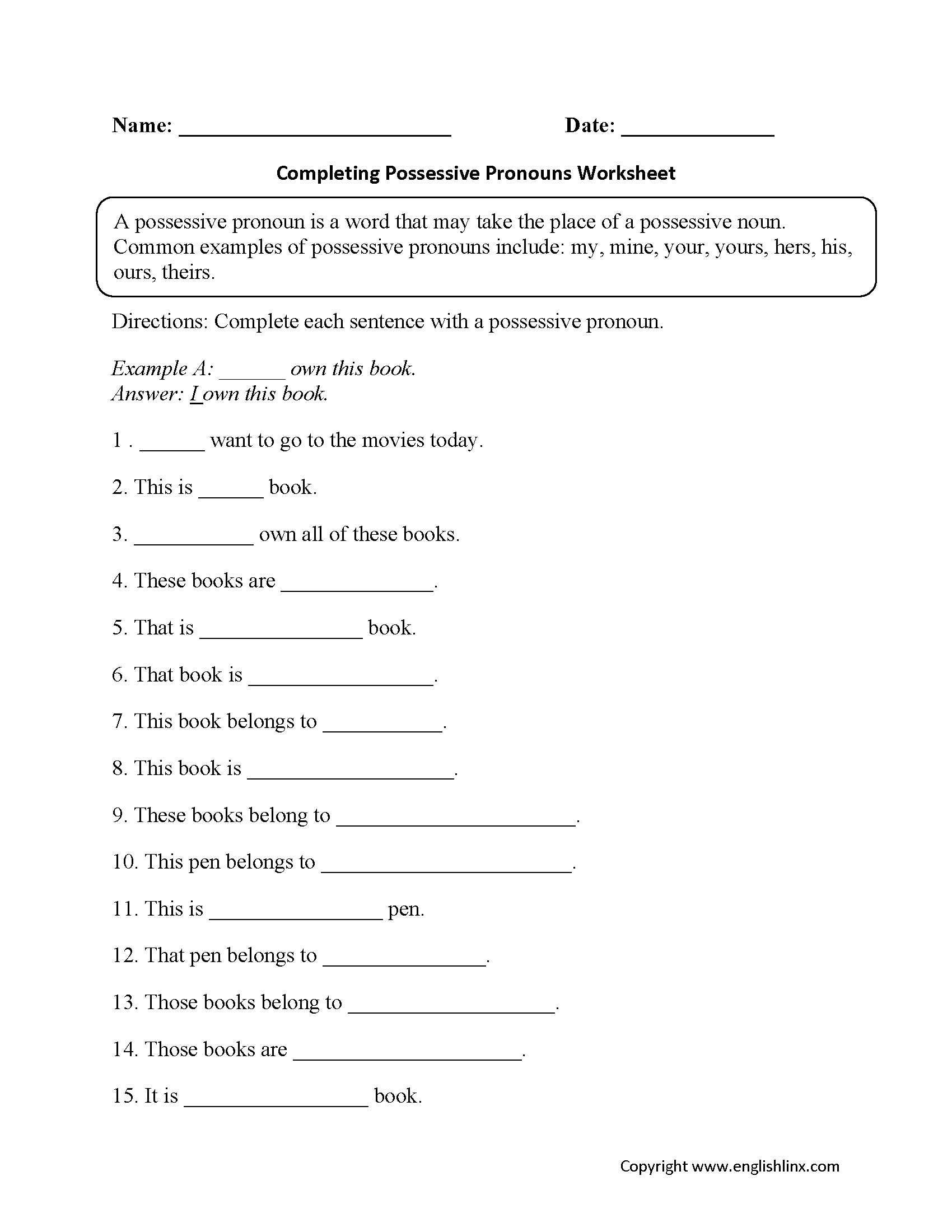 possessive pronouns worksheet