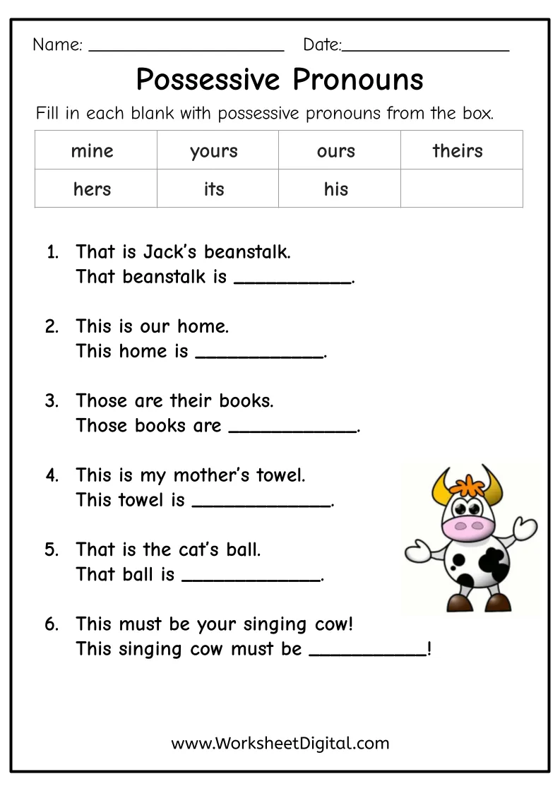 Possessive Pronouns Worksheets For Young Learners