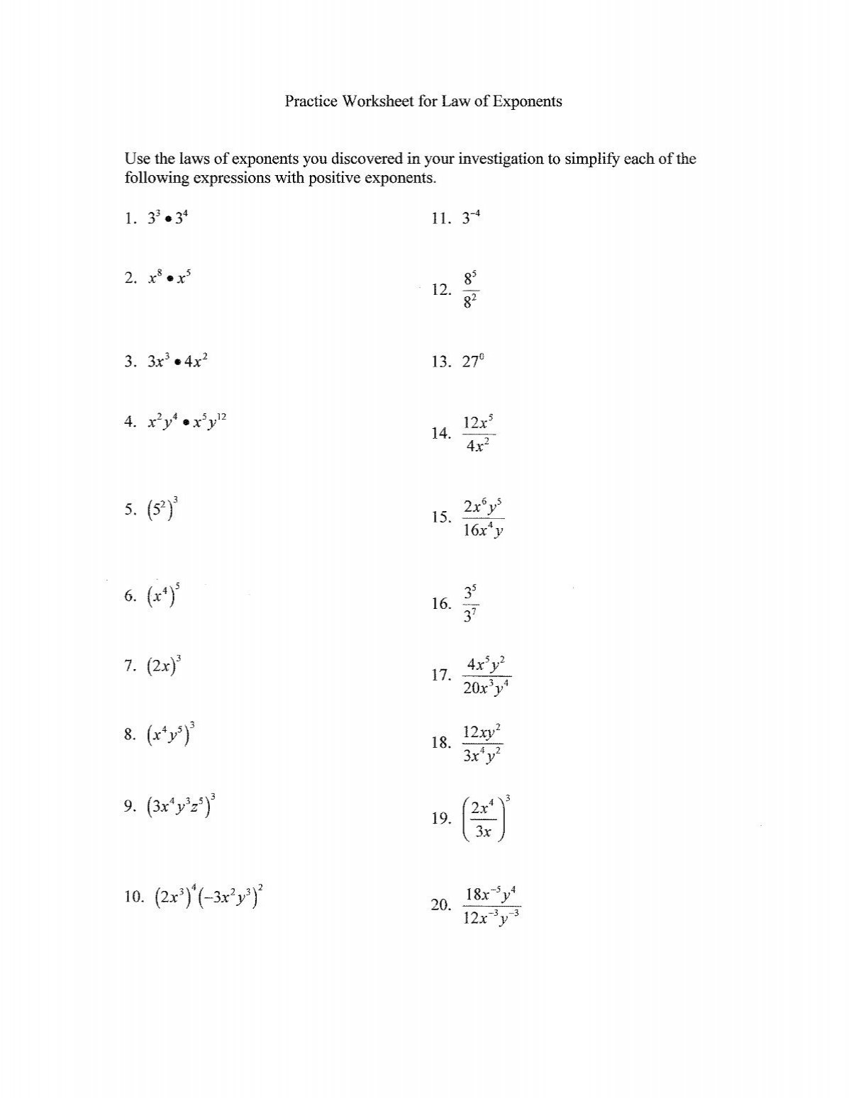 Practice Worksheet For Law Of Exponents Use The Laws Of Wveis