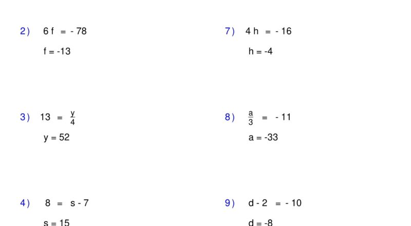 Pre Algebra Equations One Step Equations Containing Integers Worksheets Made By Teachers