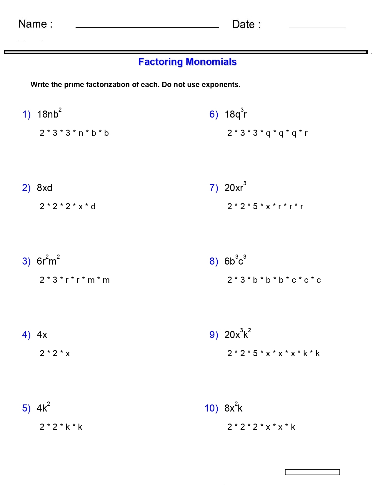 Pre Algebra Monomials And Polynomials Worksheets Factoring Monomials Worksheet Made By Teachers