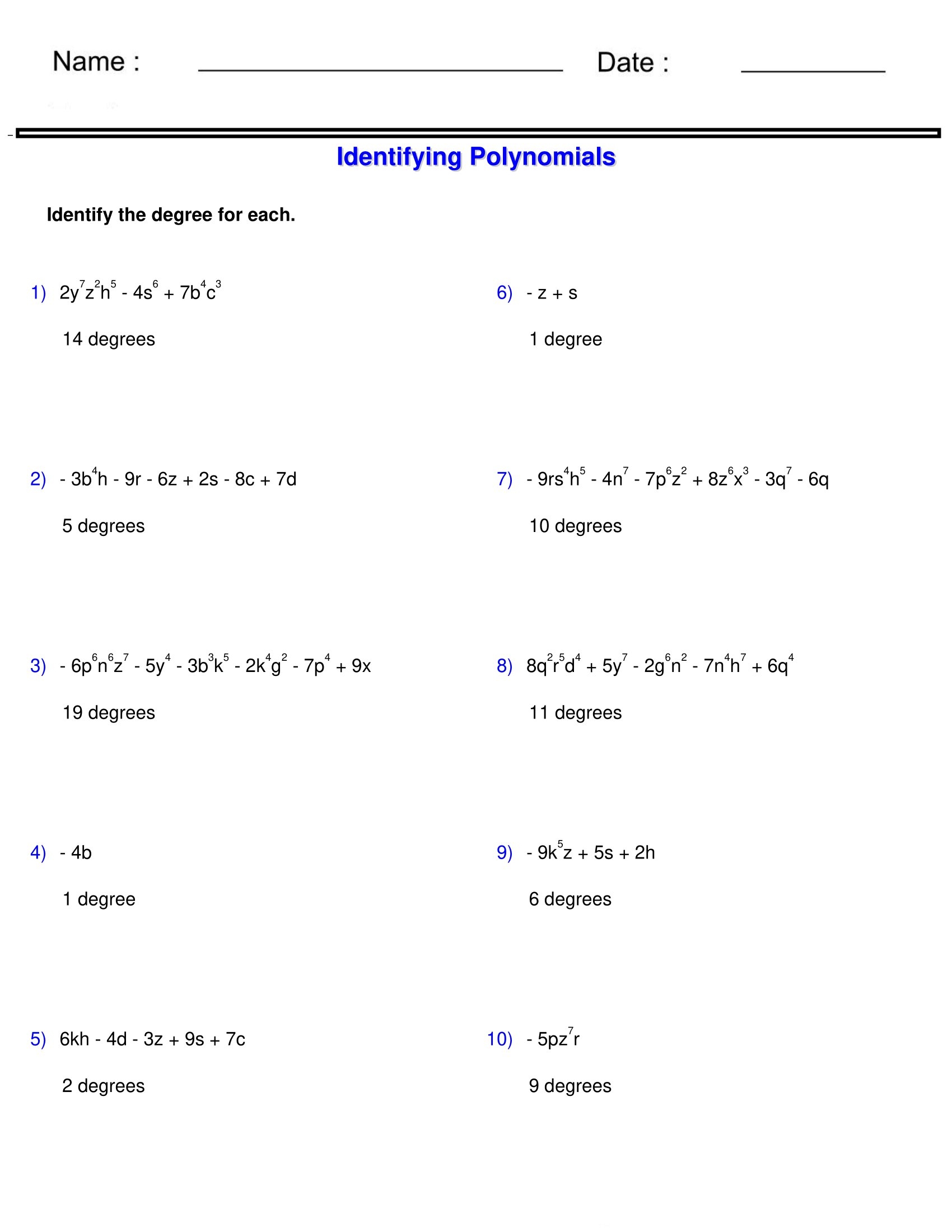 Pre Algebra Monomials And Polynomials Worksheets Identifying The Degree Of Pol Made By Teachers