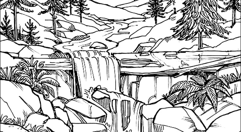 Pretty Waterfall In The Forest Landscape Coloring Pages