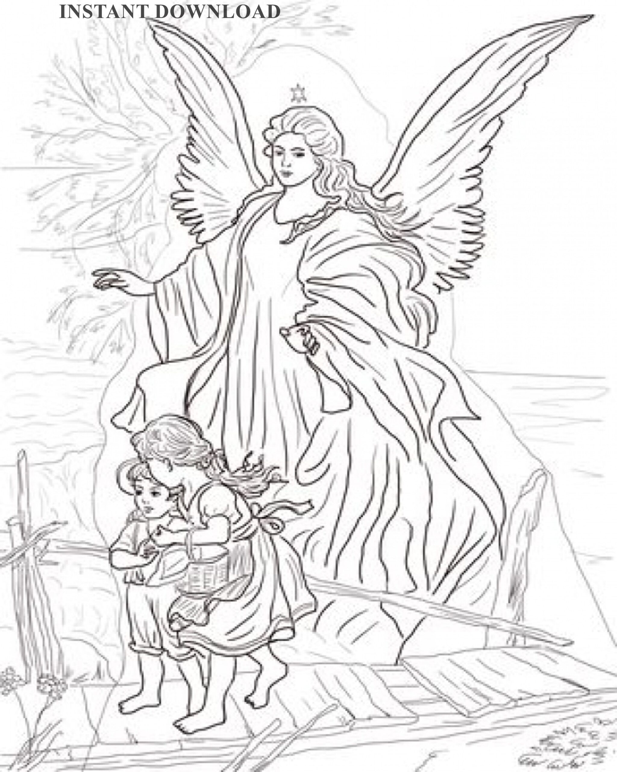 Printable Angel With Children Coloring Page Digital Download 8 X 10 Sheet Etsy