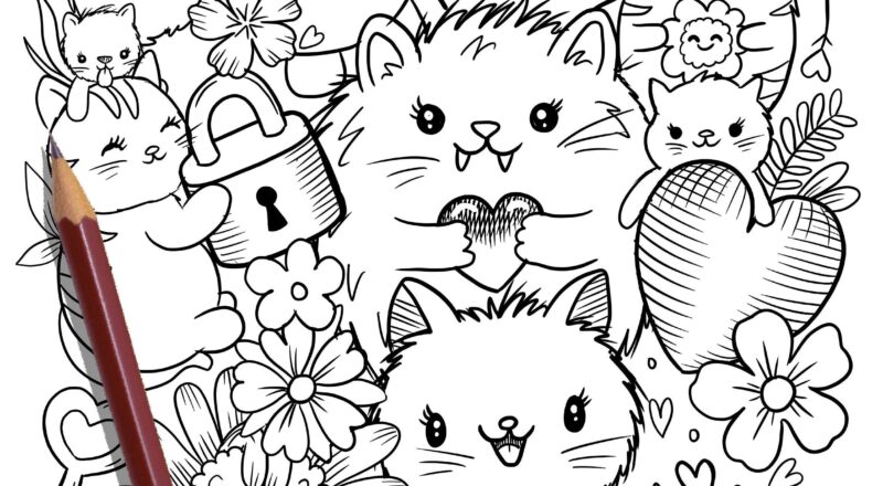 PRINTABLE Cute Kitty Cats Coloring Page Hand drawn Coloring Sheet Cat Doodles Coloring Page Kids Coloring Page Adult Coloring Etsy