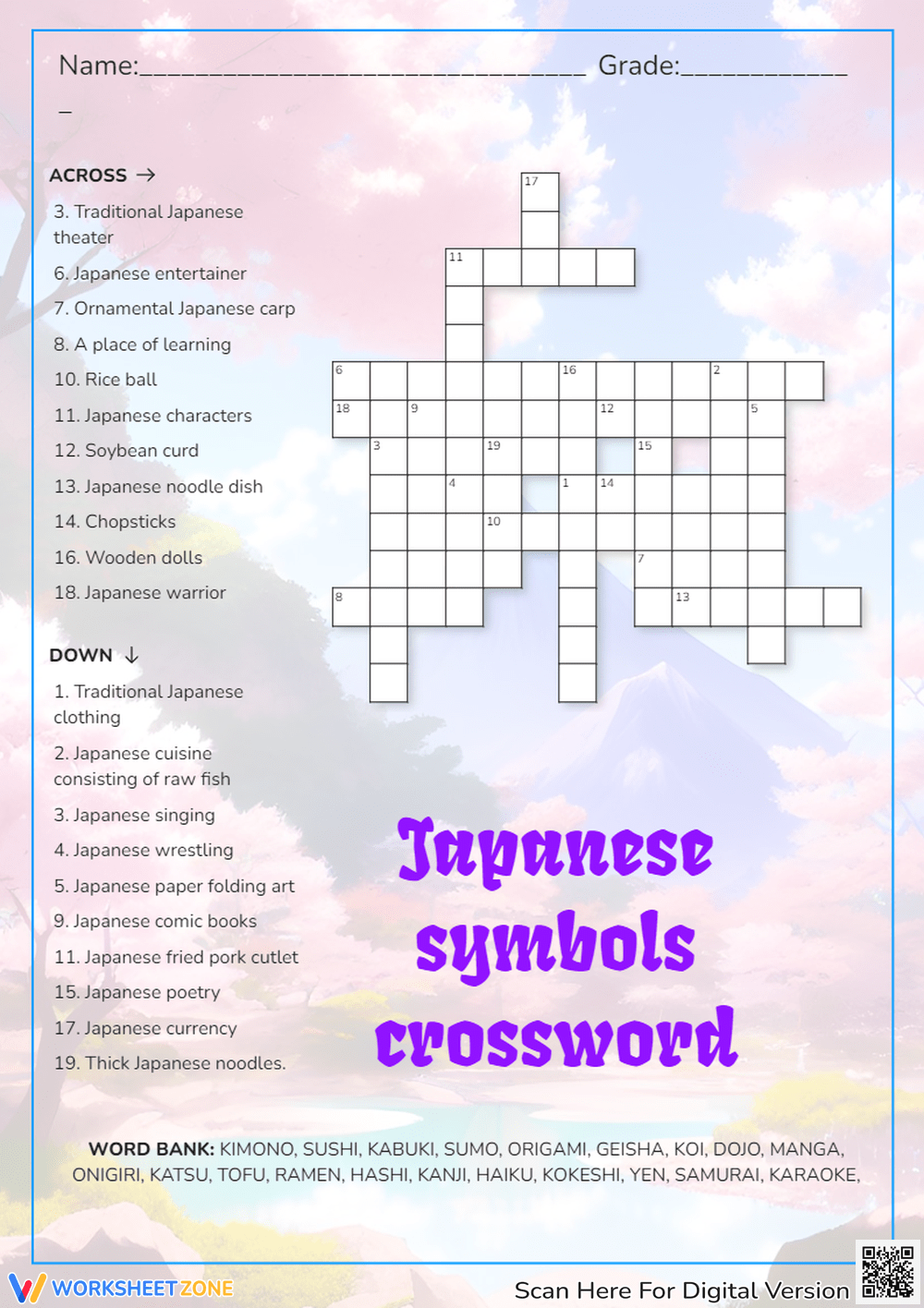 Printable Grade 1 Japan Crossword Puzzle Worksheets Download