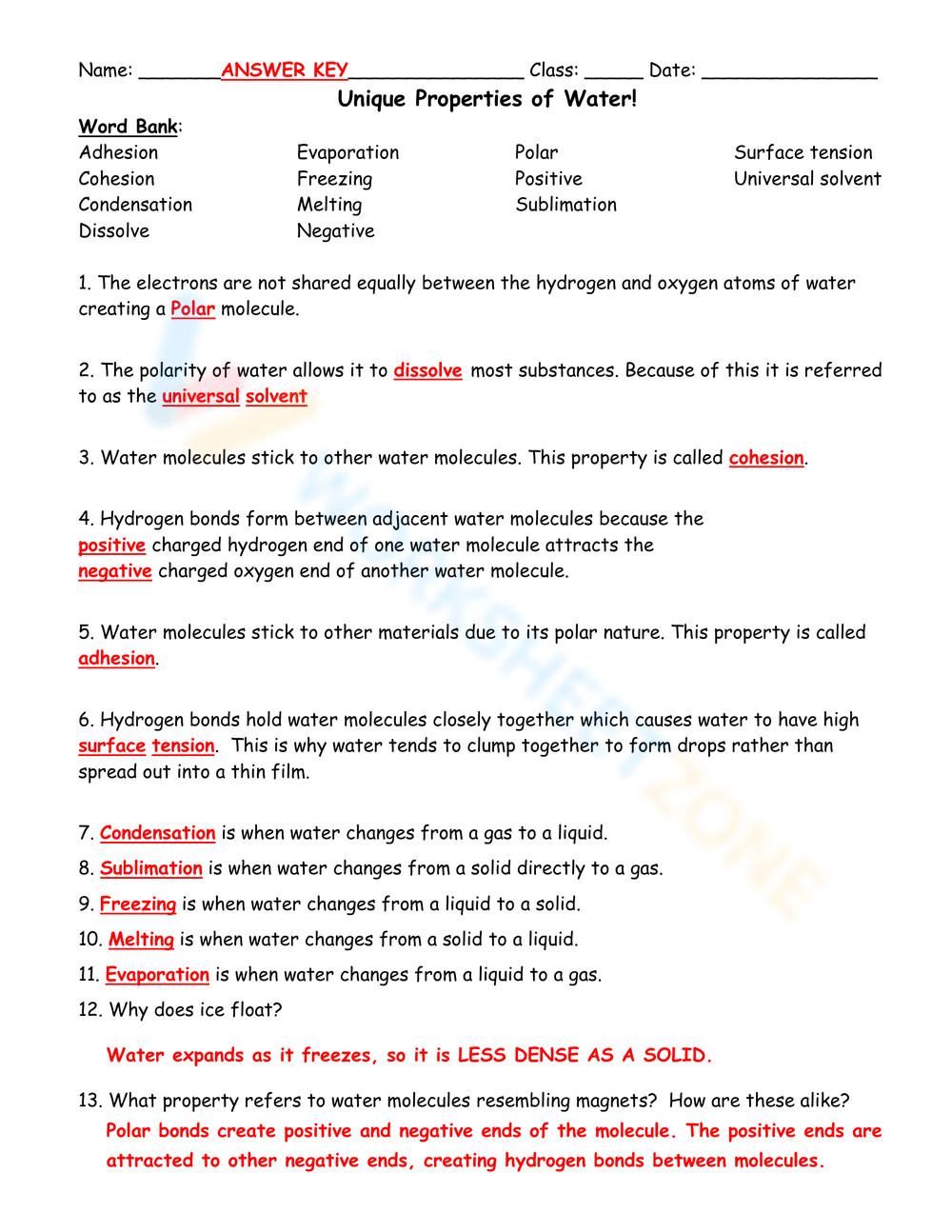 Printable Grade 11 Properties Of Water Worksheets