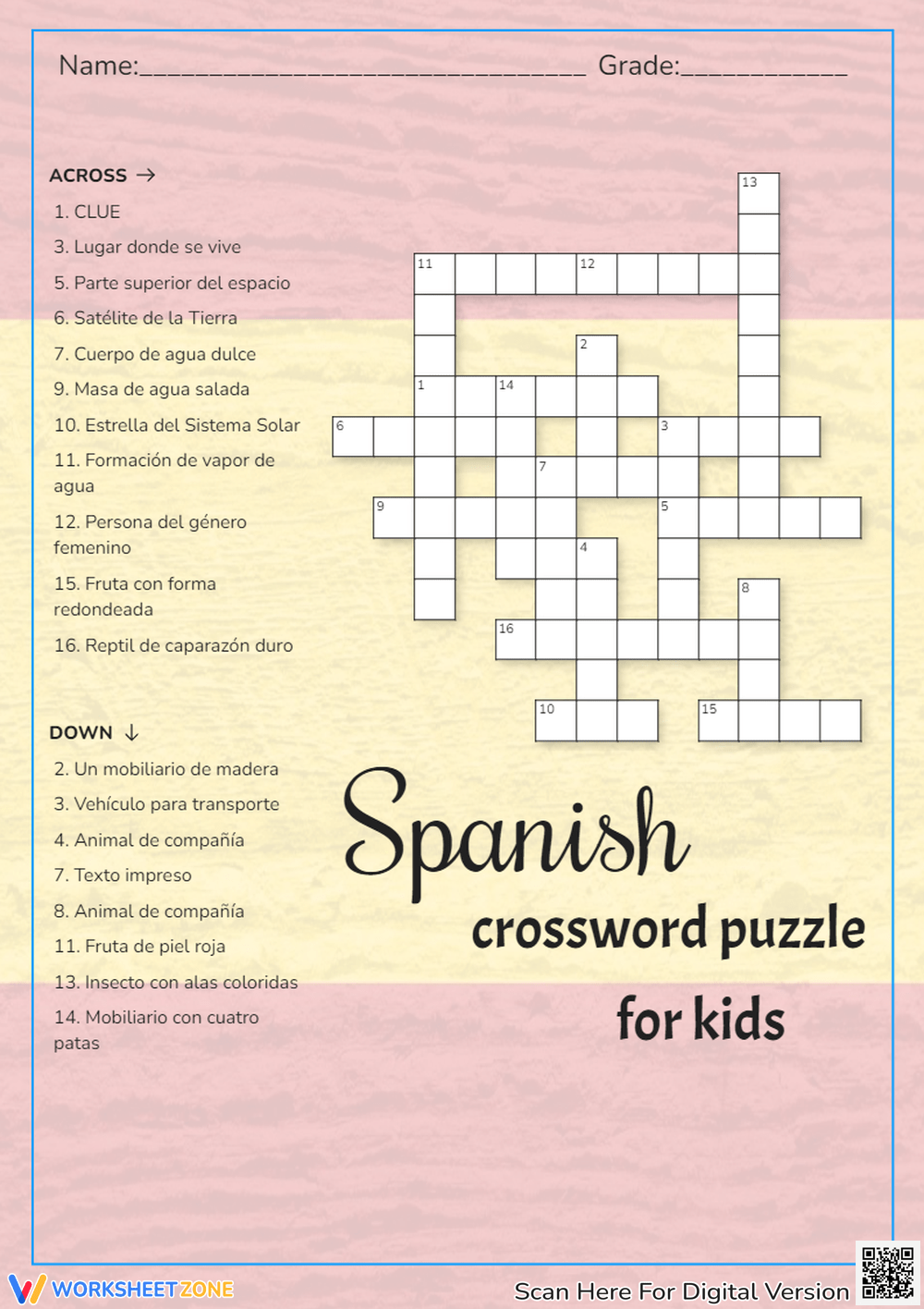 Printable Grade 3 Spanish Crossword Puzzle Worksheets Download