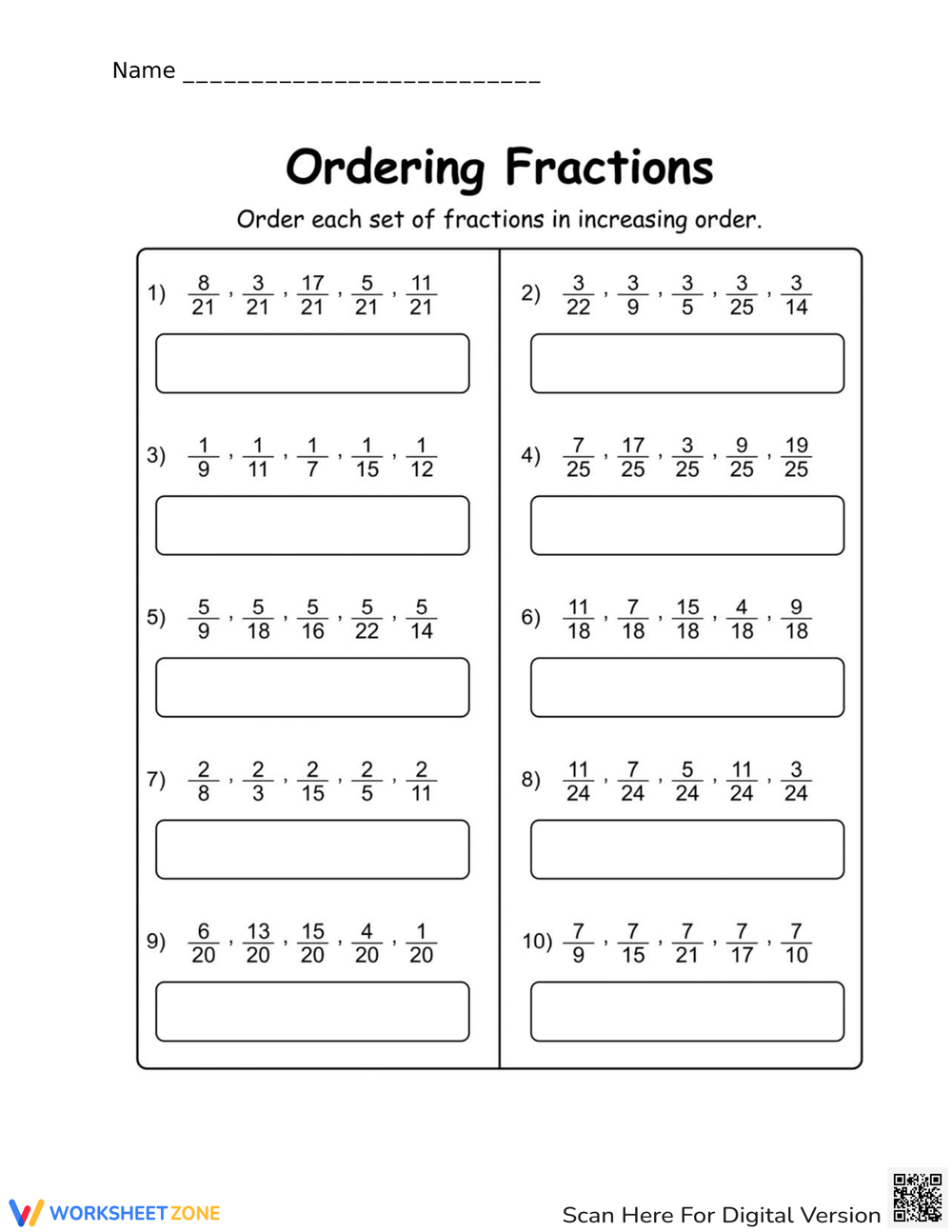 Printable Grade 5 Fractions Ordering Worksheets