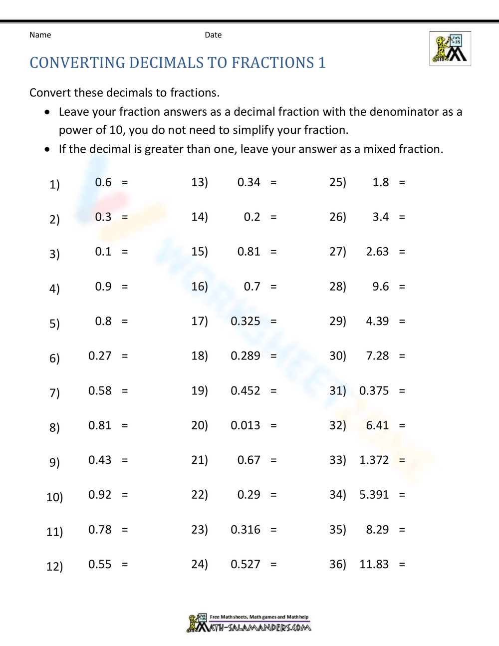 converting from fractions to decimals worksheet