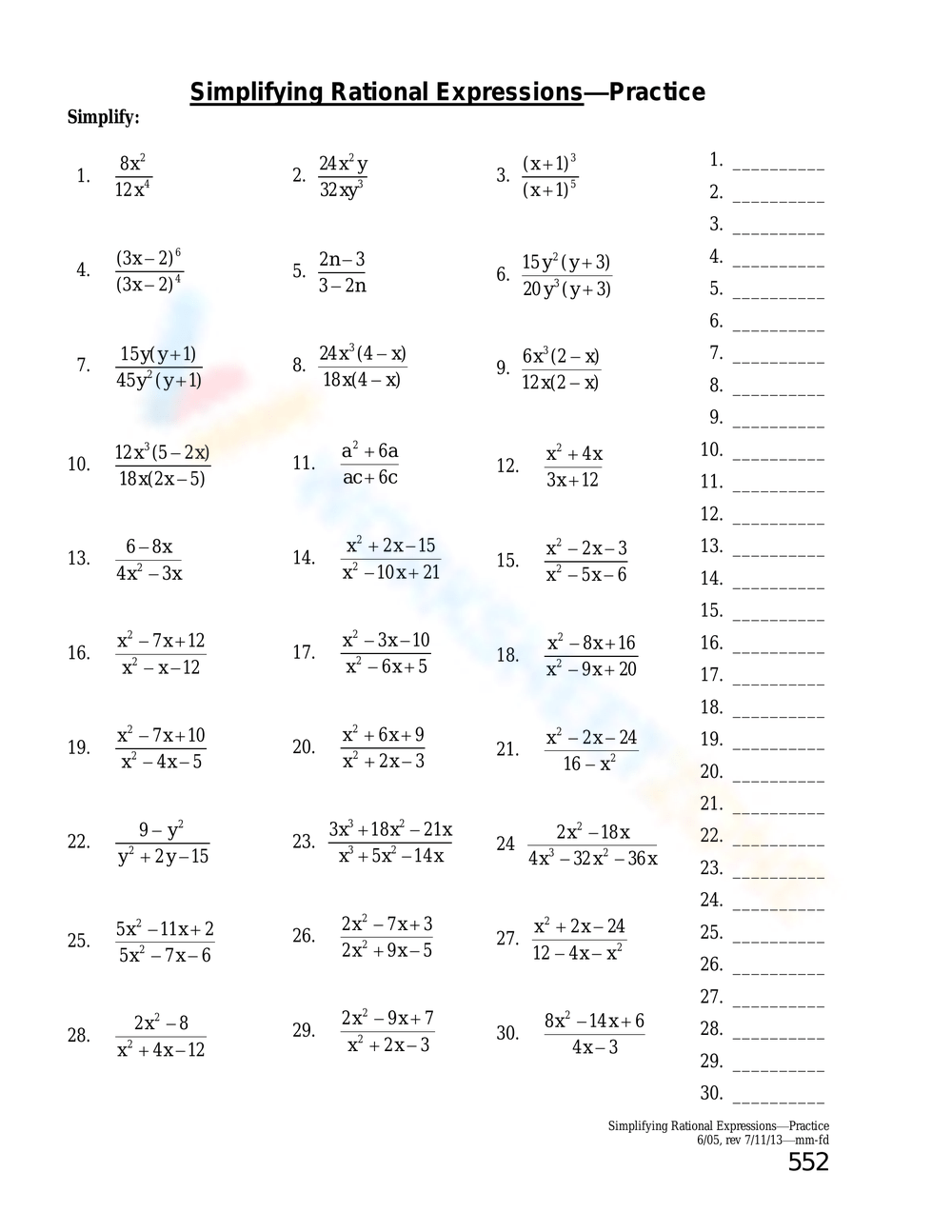 simplifying rational expressions worksheet