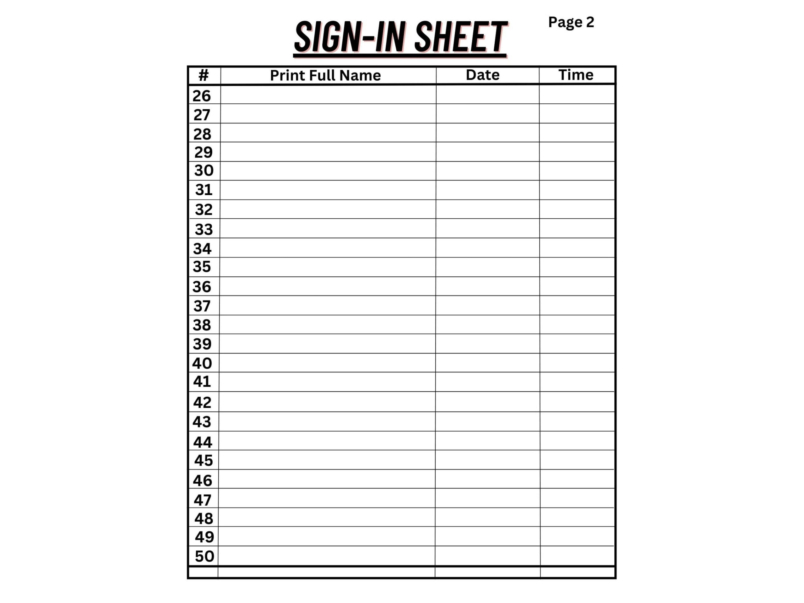 Printable Sign in Sheet 25 Rows 8 5x11 Inches Etsy Printable Sign in Sheet 25 Rows 8 5x11 Inches Etsy