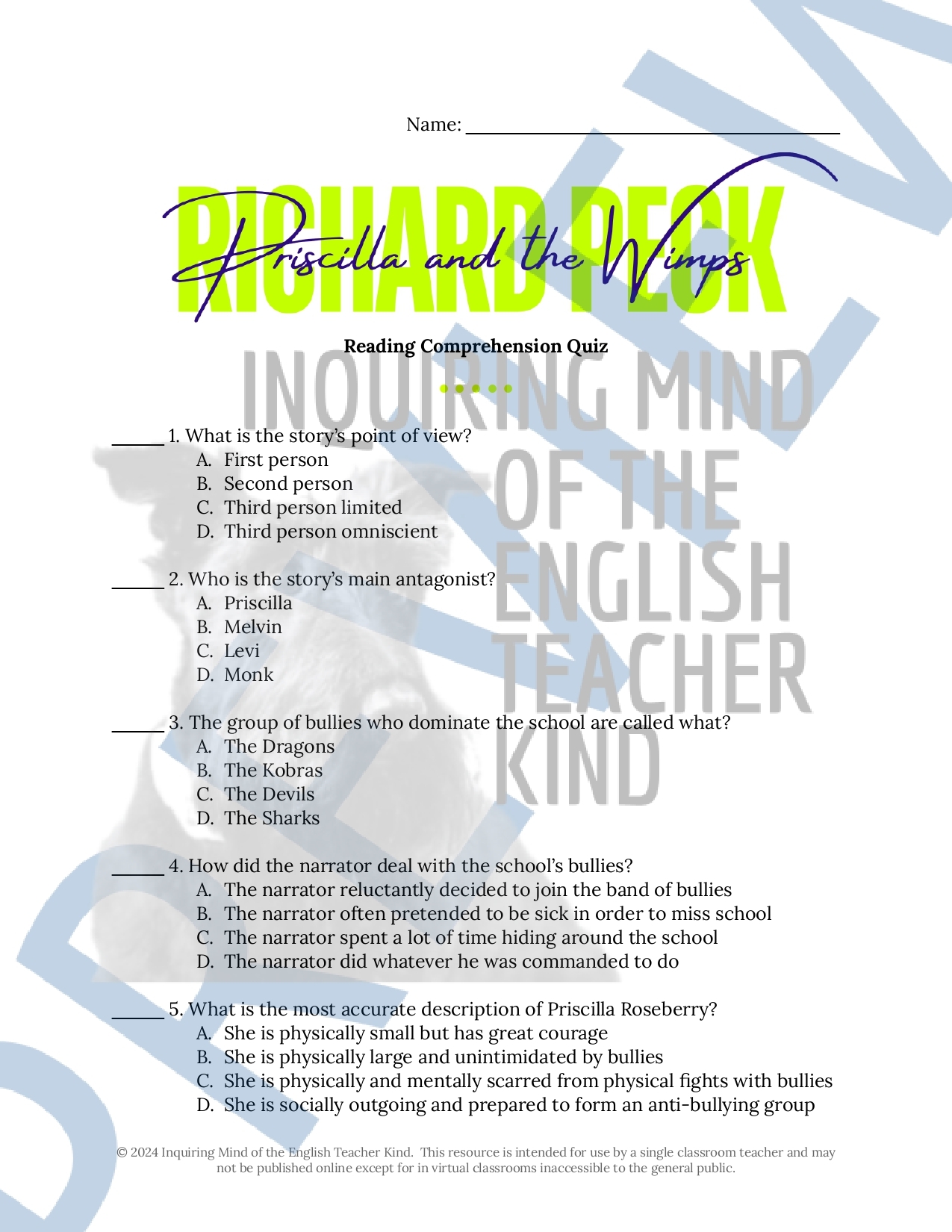 Priscilla And The Wimps By Richard Peck Quiz And Answer Key Classful