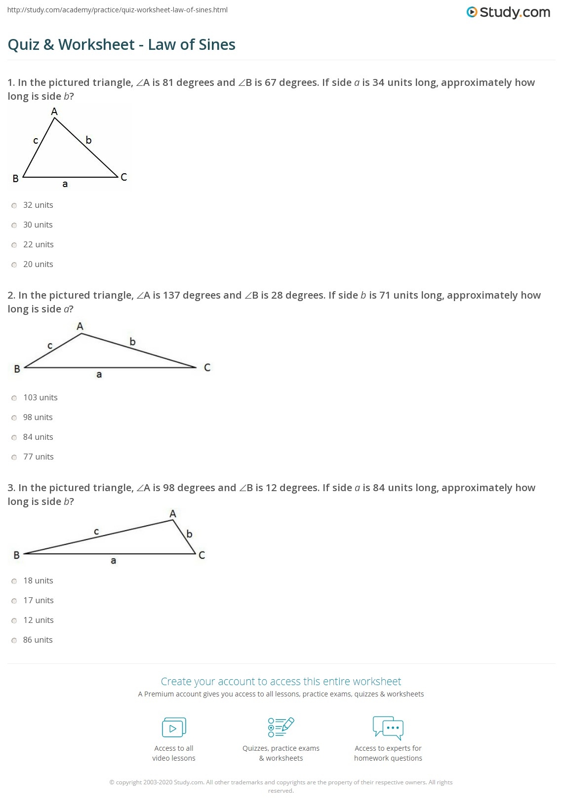 Quiz Worksheet Law Of Sines Study