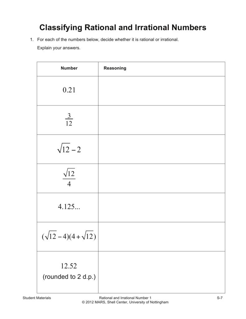 Rational Irrational Numbers Worksheet Rational Irrational Numbers Worksheet