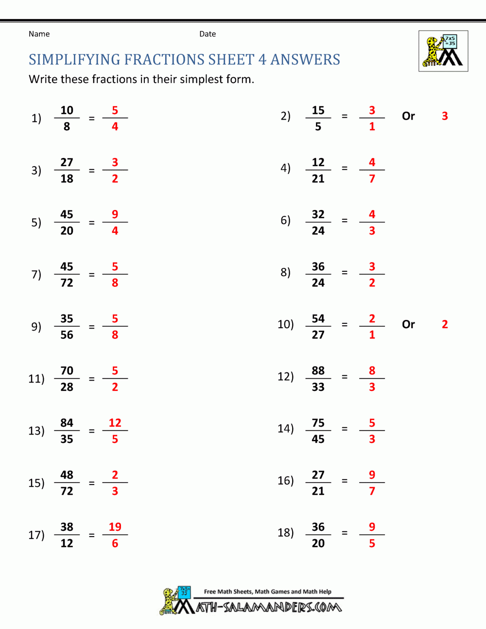 simplify fractions worksheet