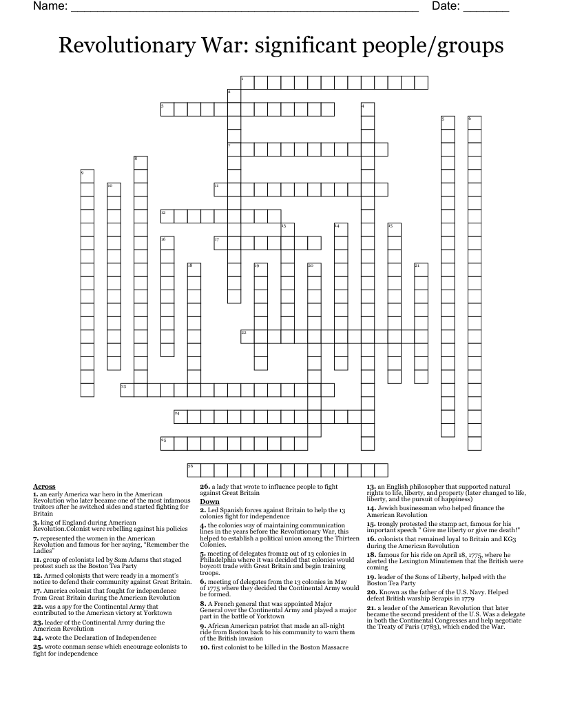 Revolutionary War Significant People groups Crossword WordMint Revolutionary War Significant People groups Crossword WordMint