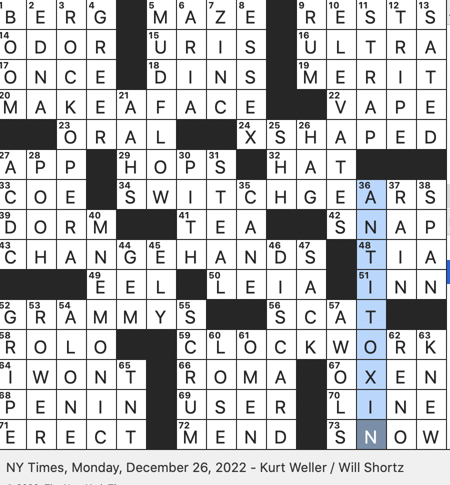 Rex Parker Does The NYT Crossword Puzzle Like Old fashioned Railroad Crossing Signs MON 12 26 22 Landslide Of Wet Sediment Princess Who Says Into The Garbage Chute Flyboy 97 5 Of