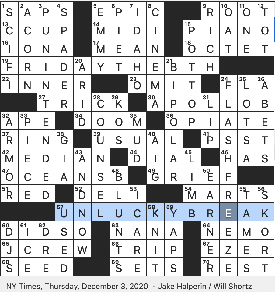 Rex Parker Does The NYT Crossword Puzzle Memorable Launch Of April 11 1970 THU 12 3 20 College Named After A Scottish Island 2007 Heist Film Sequel Parenthetical Comment After An Ambiguous Witticism