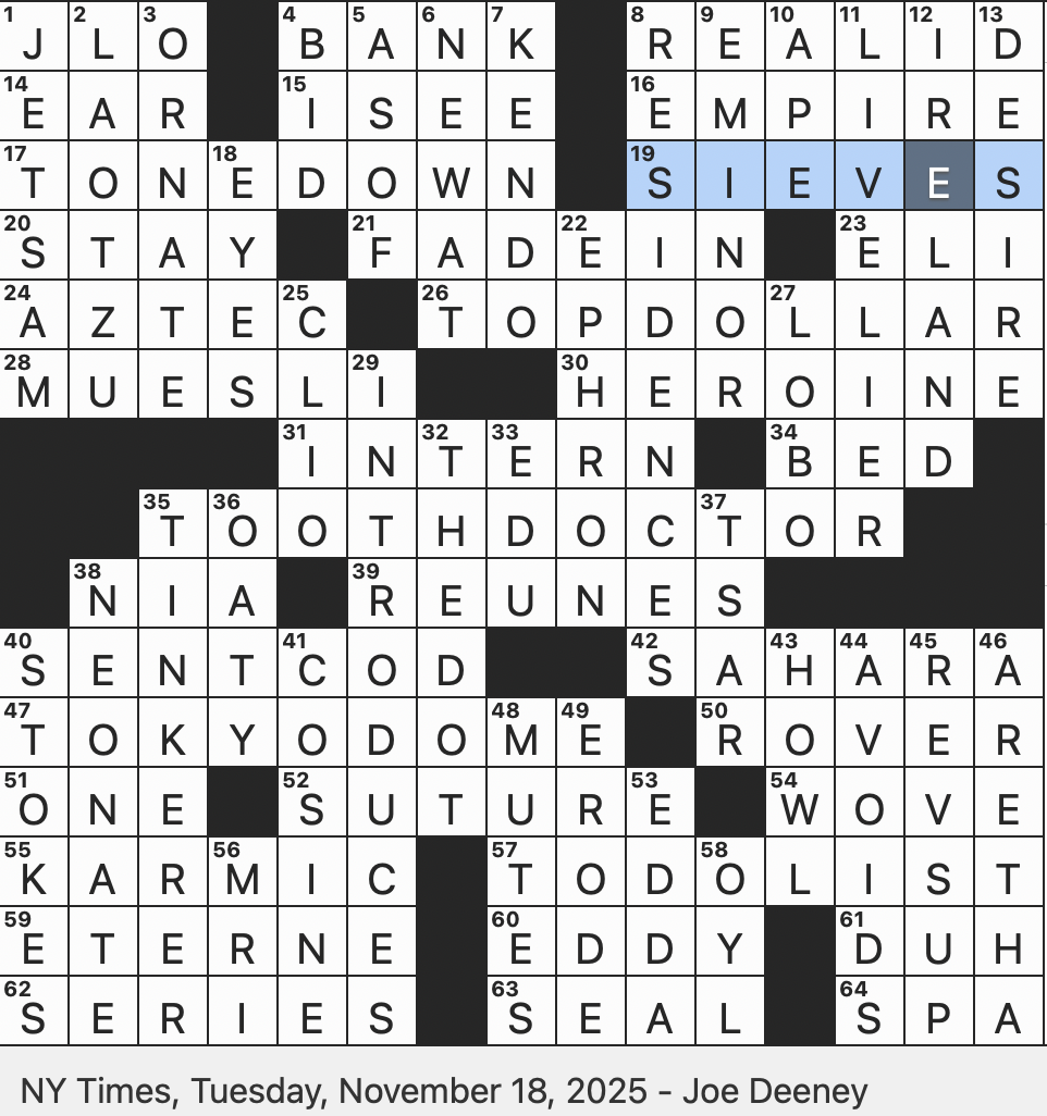Rex Parker Does The NYT Crossword Puzzle Toondom s Olive TUE 11 18 25 Dentist Colloquially Shipped Without Prepaid Postage For Short Martial Art With Bamboo Swords Japanese Stadium That