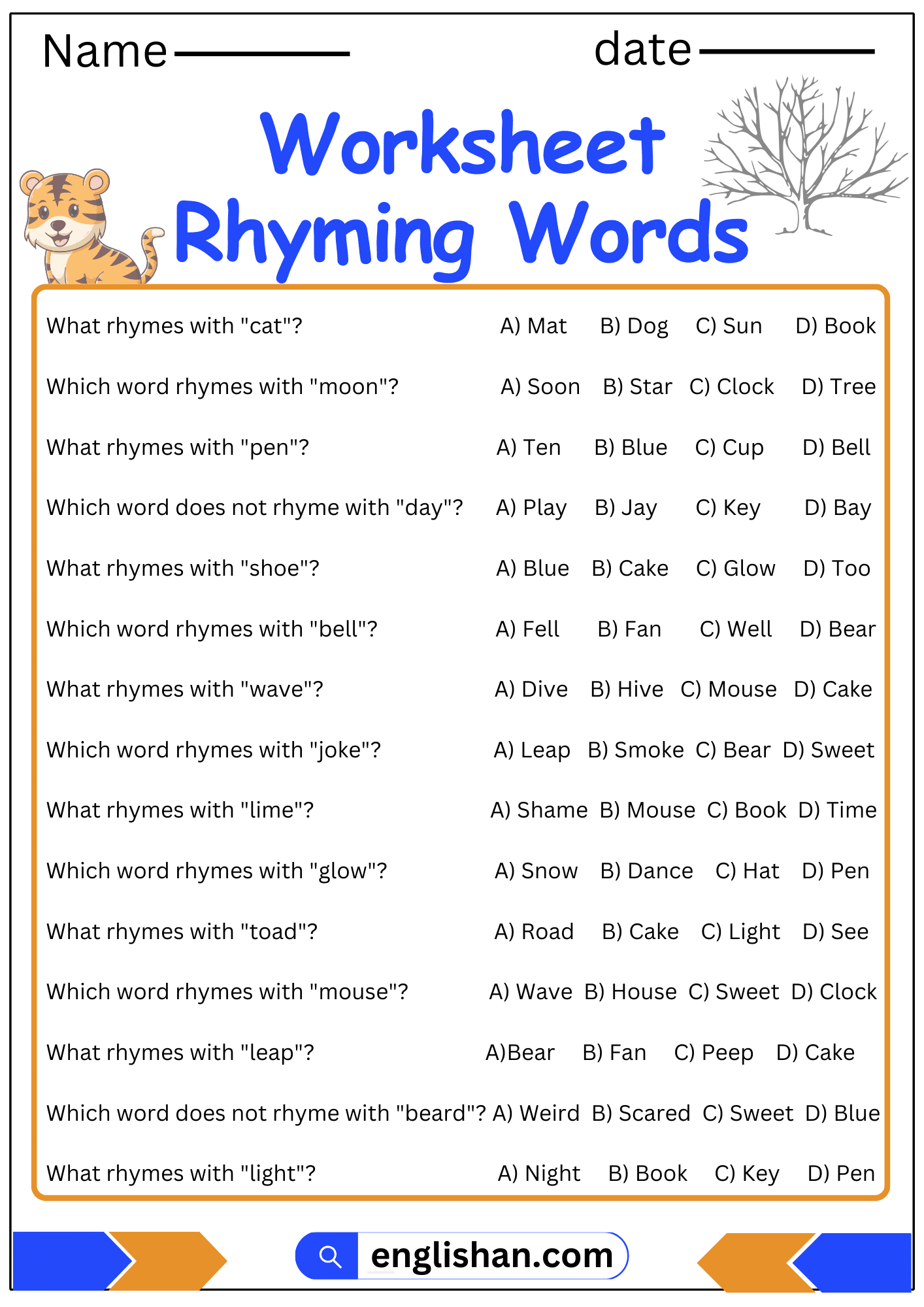 Rhyming Words Worksheet And Exercises With Answers In English Englishan