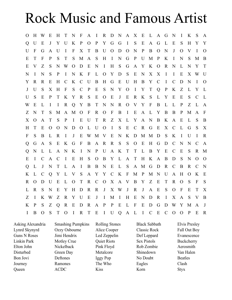 Rock Music And Famous Artist Word Search WordMint