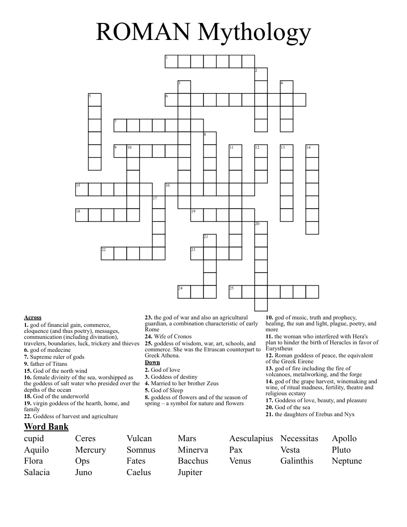 ROMAN Mythology Crossword WordMint