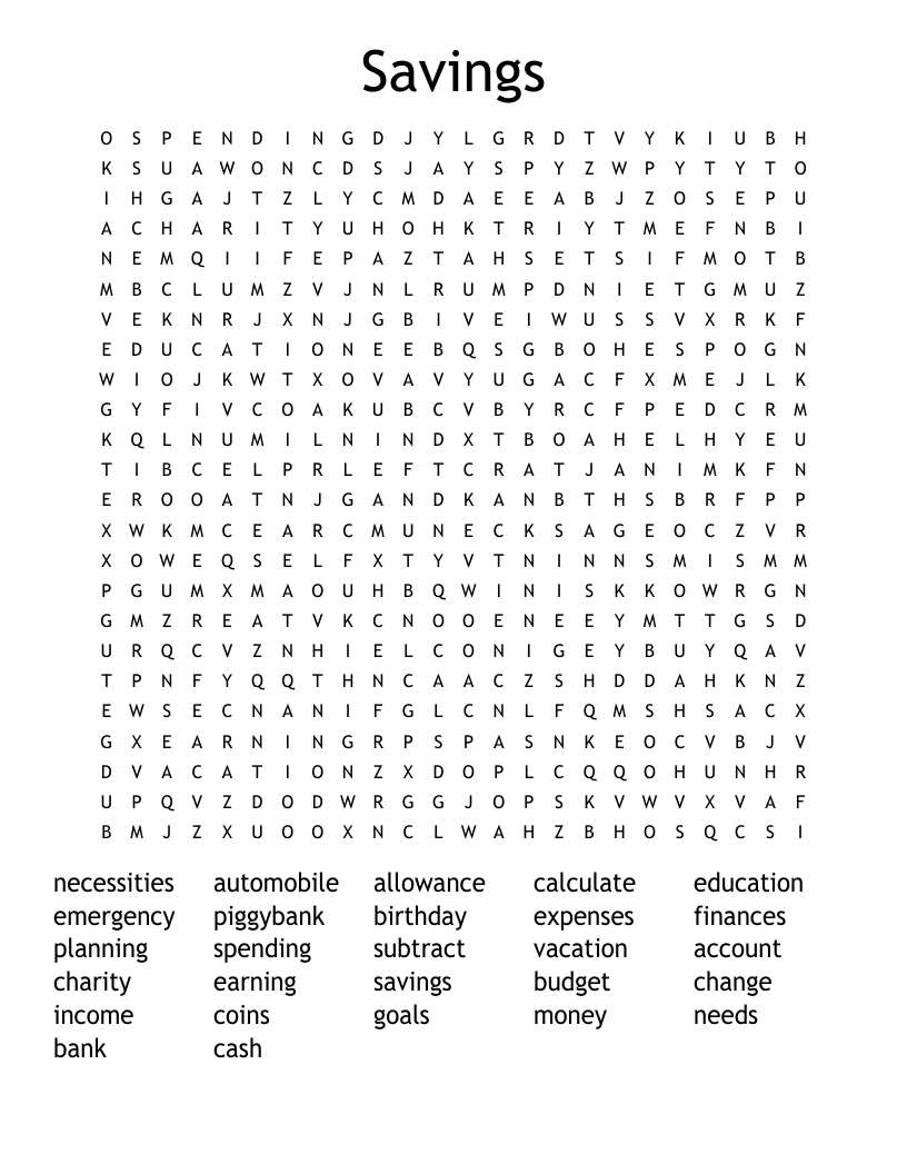 Savings Word Search WordMint Savings Word Search WordMint