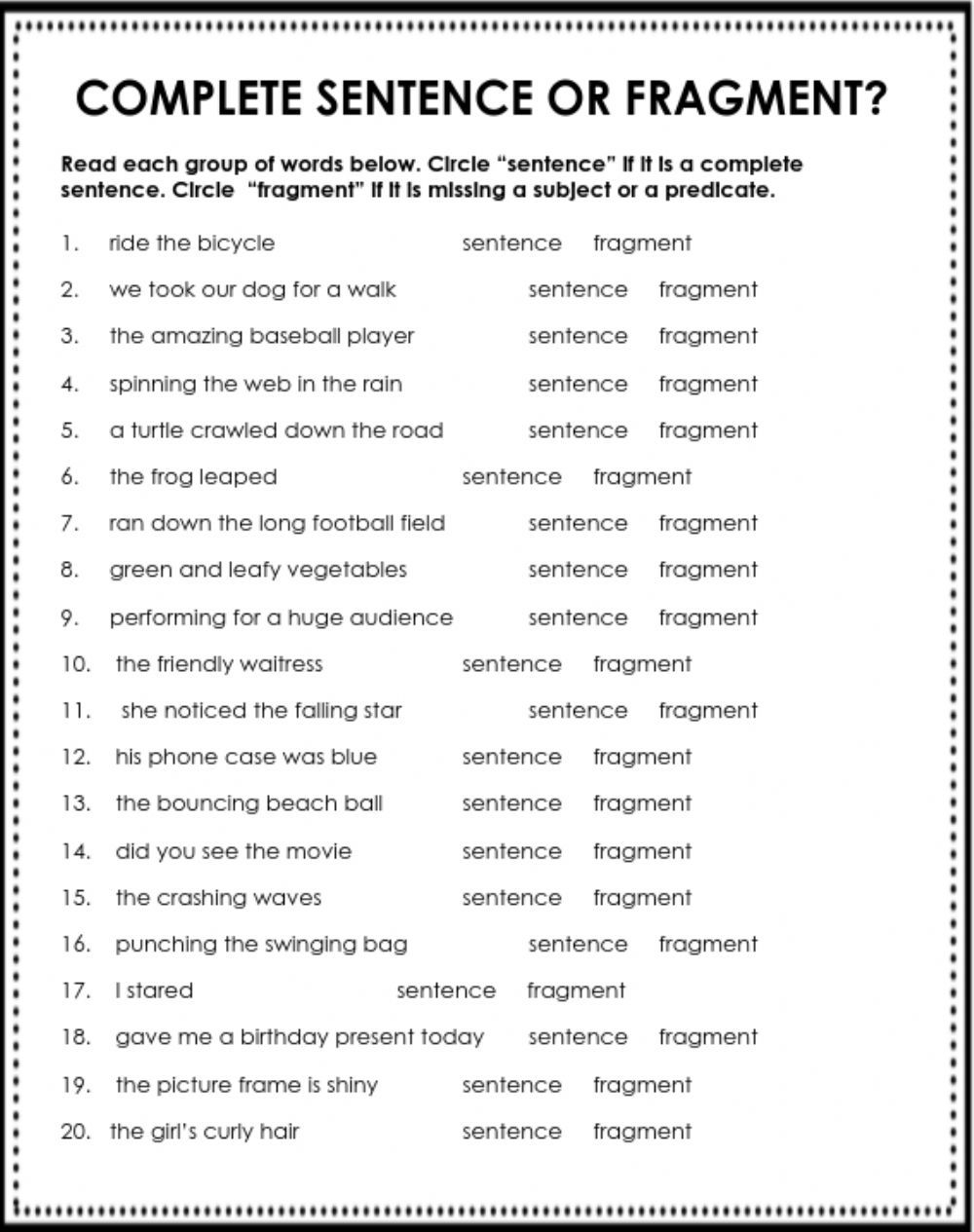 Sentence Or Fragment Worksheet Sentence Or Fragment Worksheet