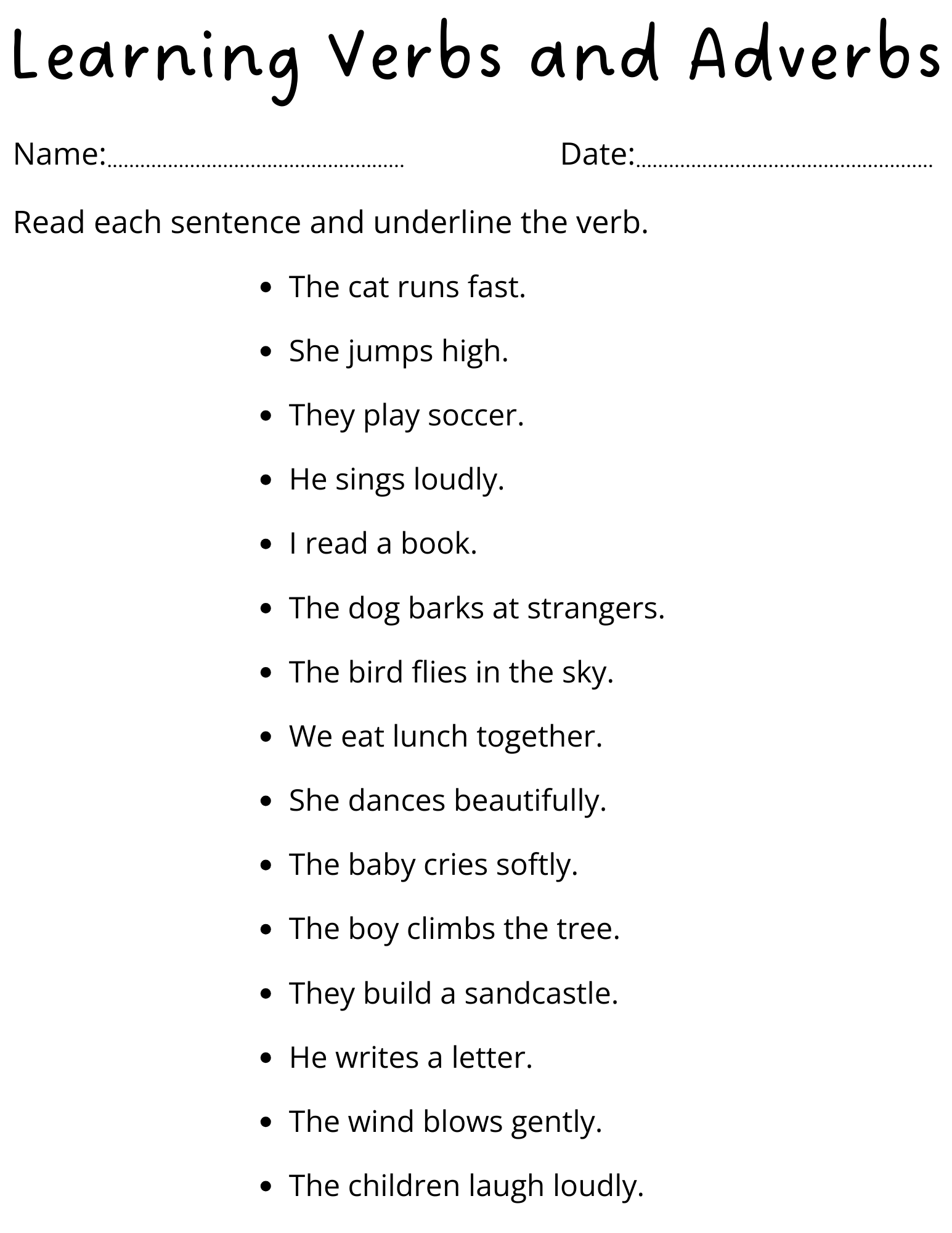 Sentences Verb And Adverb Worksheets For Grade 1 Teaching Resources
